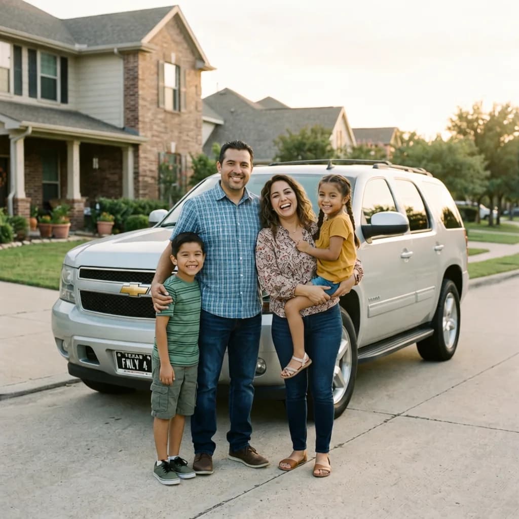 Happy Mexican family with their car in Texas Happy Mexican family with their car in Texas